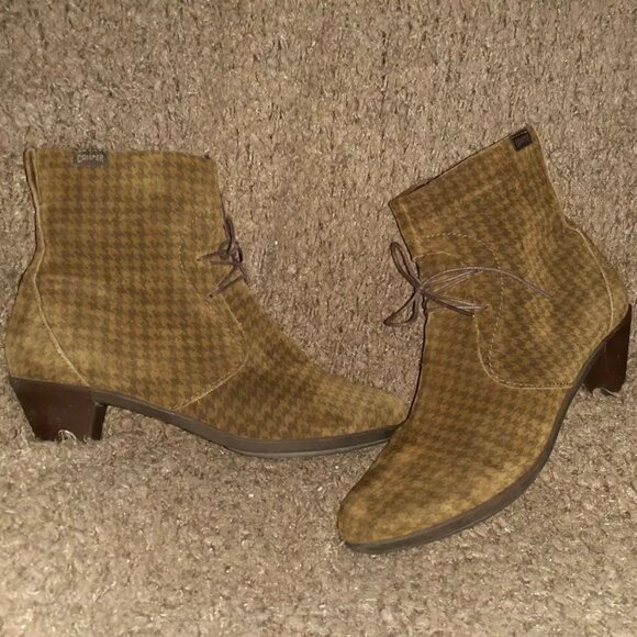 CAMPER-Agatha Brown/Black-Houndstooth Suede -Back Zip-Lace Accent-Sz 40-Excellen - Picture 1 of 6